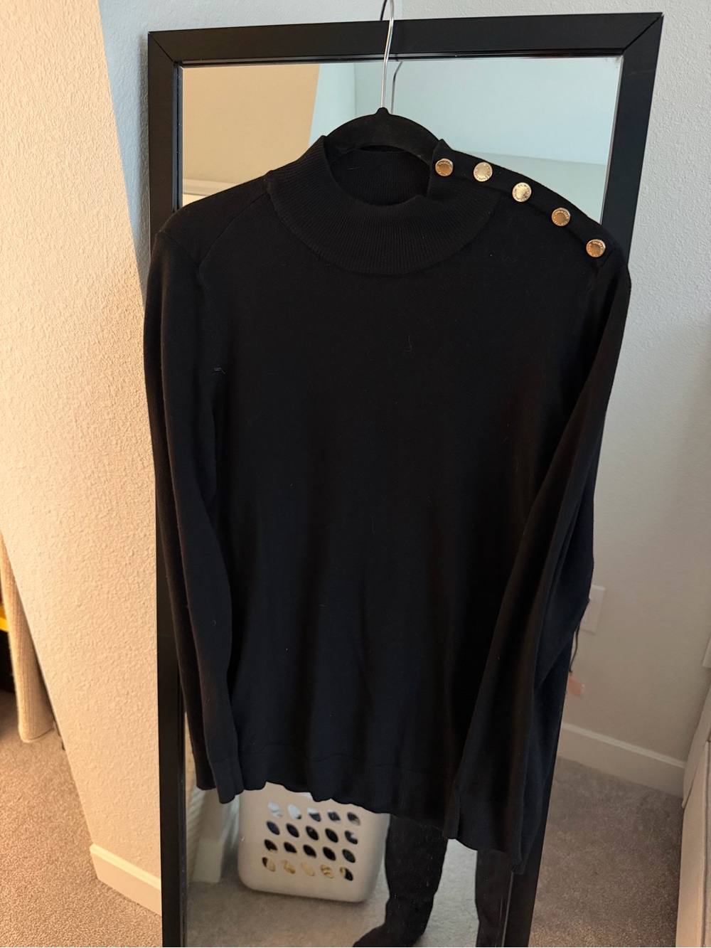Calvin Klein Black Mock Neck Sweater with Gold Shoulder Buttons